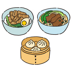 Fototapeta na wymiar 台湾料理のセット　ルーローハン、牛肉麺、小籠包