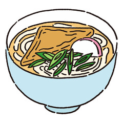 揚げとかまぼこ、ネギののった温かいきつねうどん