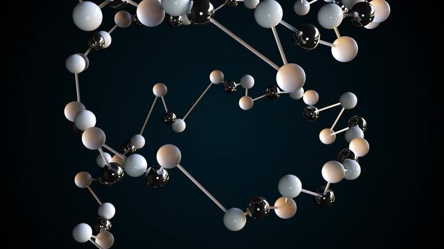 Geometric curved 3d render line with balls. Severed evolutionary DNA for biological research and chemical experiments. Twisted spiral of genome in digital space.