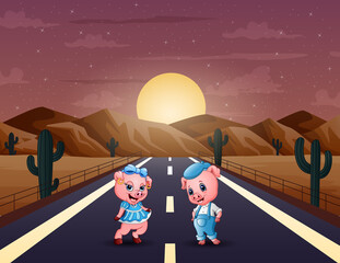 Cartoon illustration of two pigs in the desert road