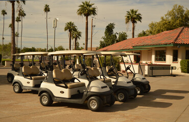 Golf carts parked at a golf course.