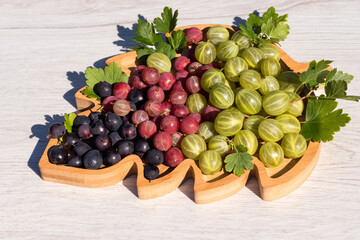 Ripe delicious gooseberries of three varieties lie on a wooden surface.