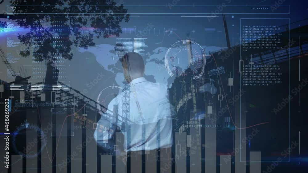Poster animation of male doctor using touchscreen interface over city view and data processing