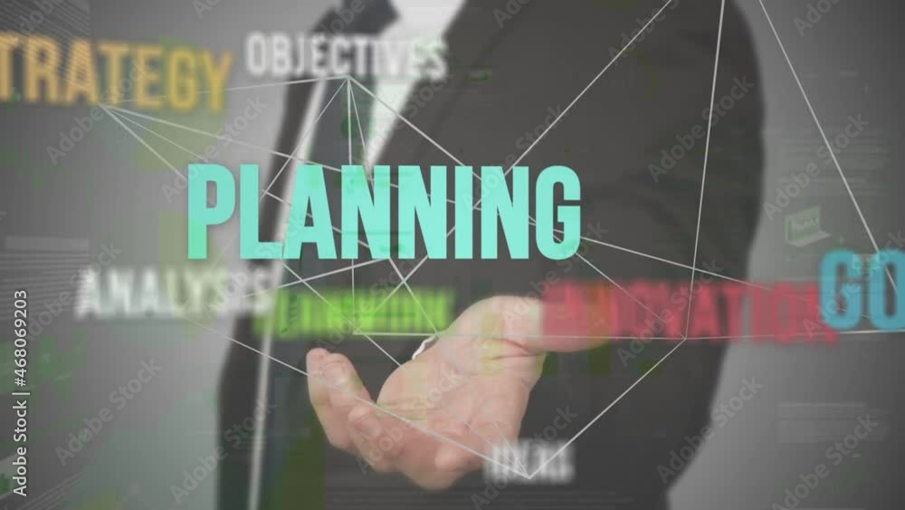 Poster animation of business management text over businessman using interface and data processing