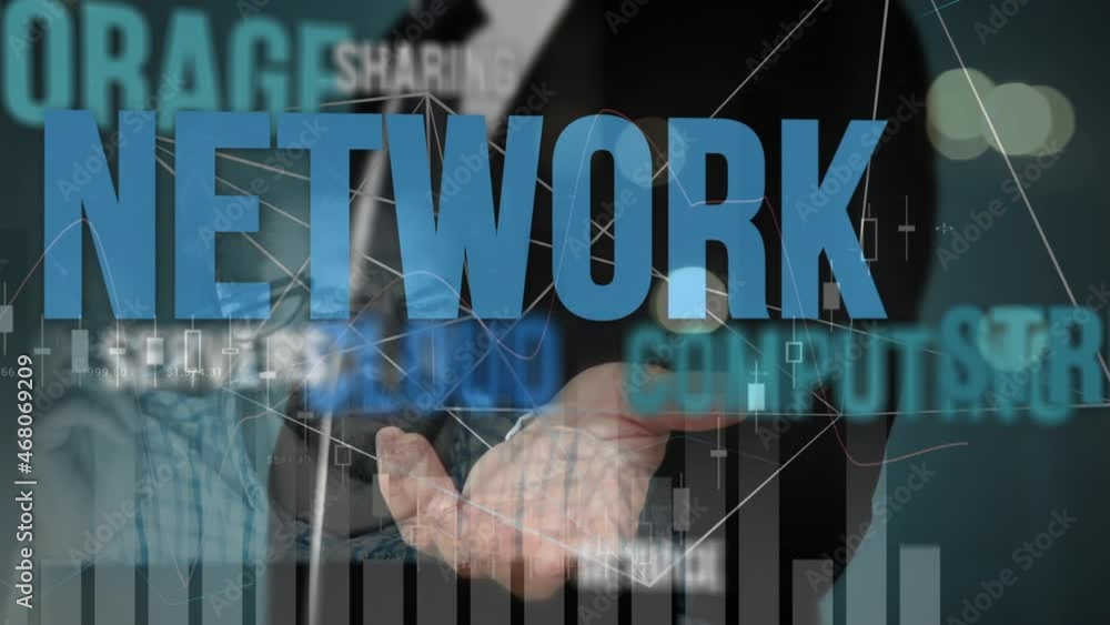 Poster animation of business management text over businessman using interface and data processing