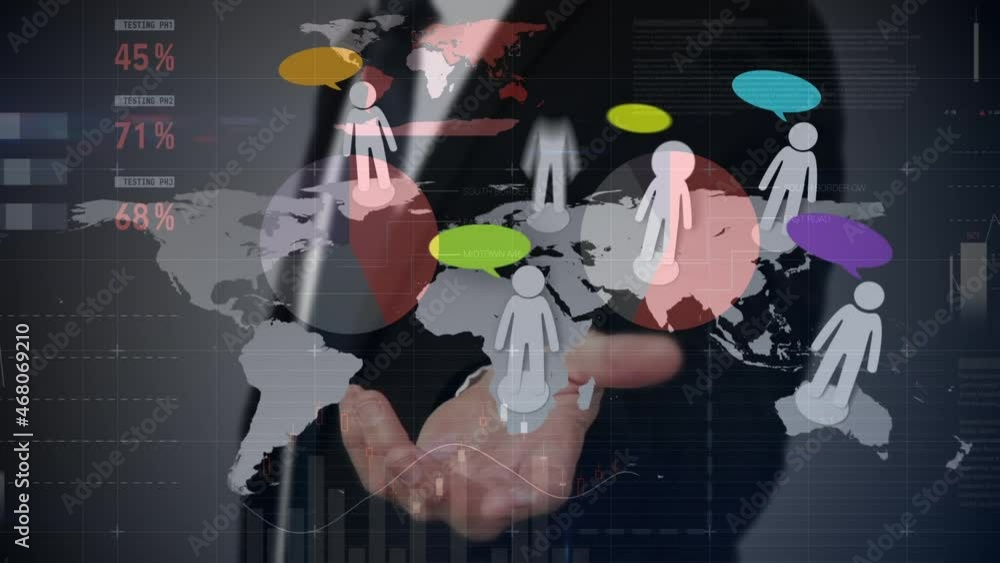 Poster animation of people icons on world map over businessman using interface and data processing