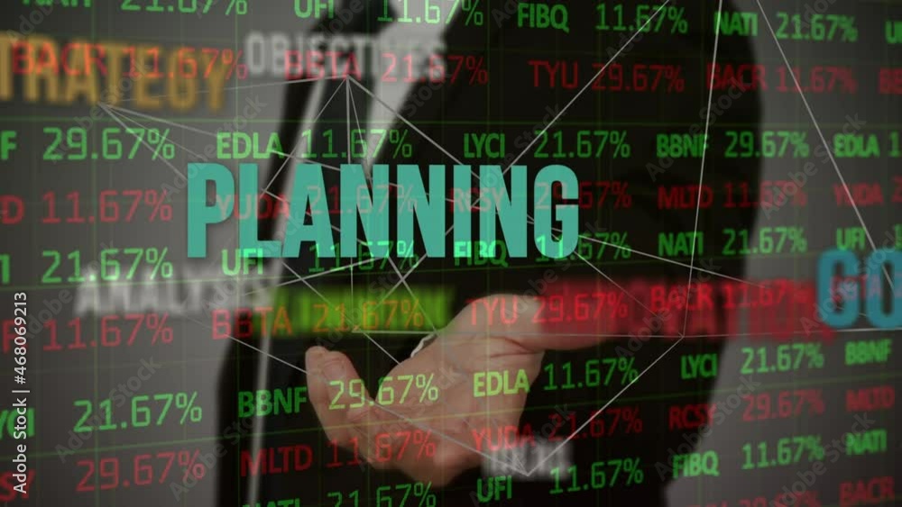 Poster animation of business management text over businessman using interface and financial data processing