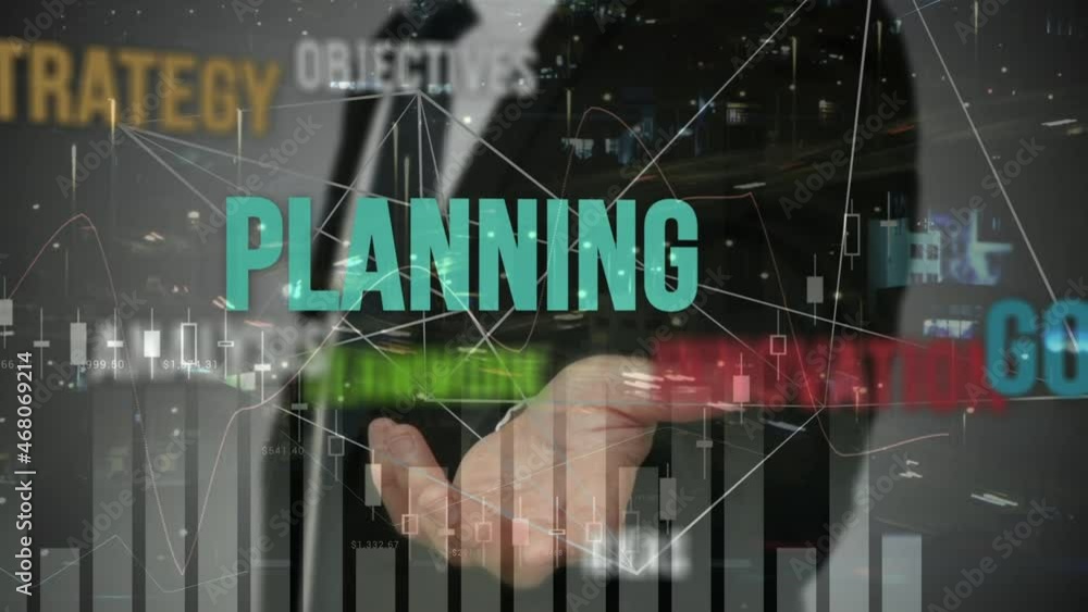 Poster animation of business management text over businessman using interface and data processing