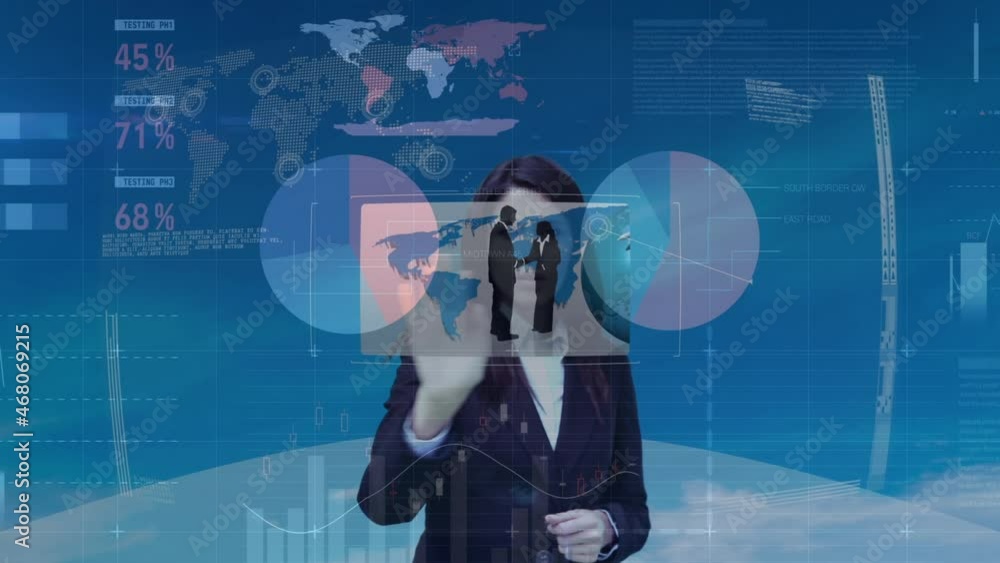 Poster animation of businesswoman using touchscreen interface and processing data