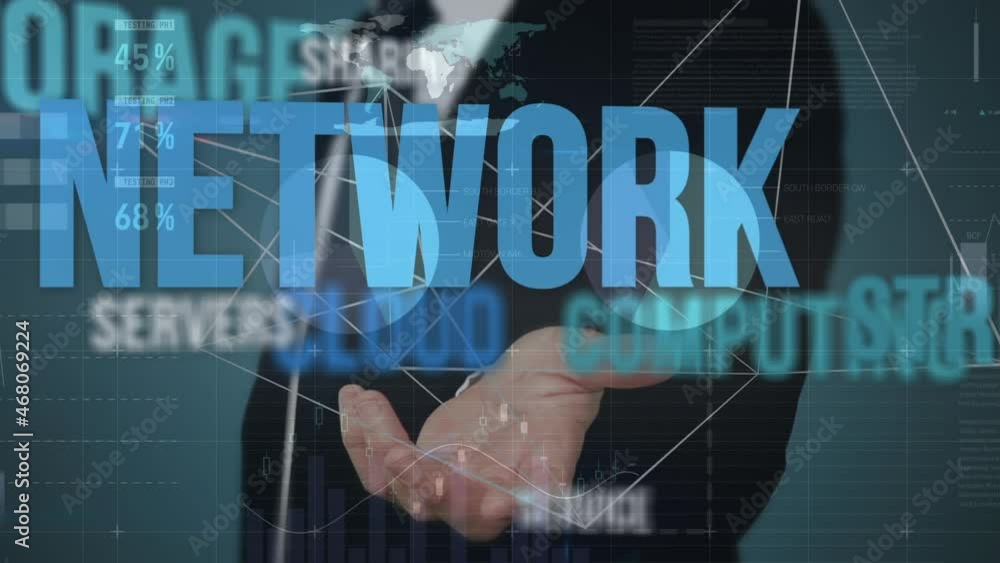 Poster animation of business management text over businessman using interface and data processing