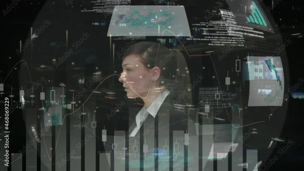 Poster animation of smiling businesswoman using touchscreen interface with screens processing data