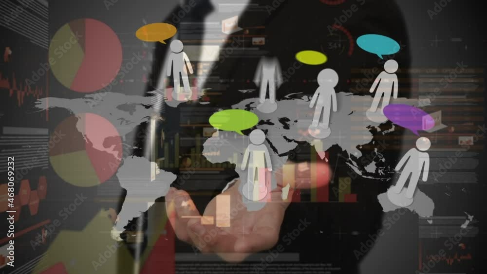 Poster animation of business management text over businessman with people icons and data processing