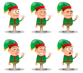 Christmas Elf saying no with his finger. Vector cartoon character illustration of Santa Claus's little worker, helper.