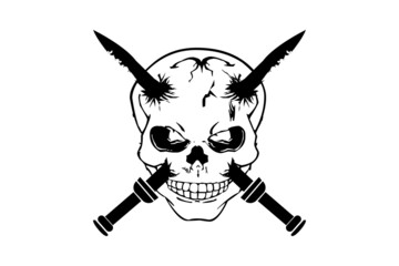 vector template of a scary skull design with two blades on the right and left,