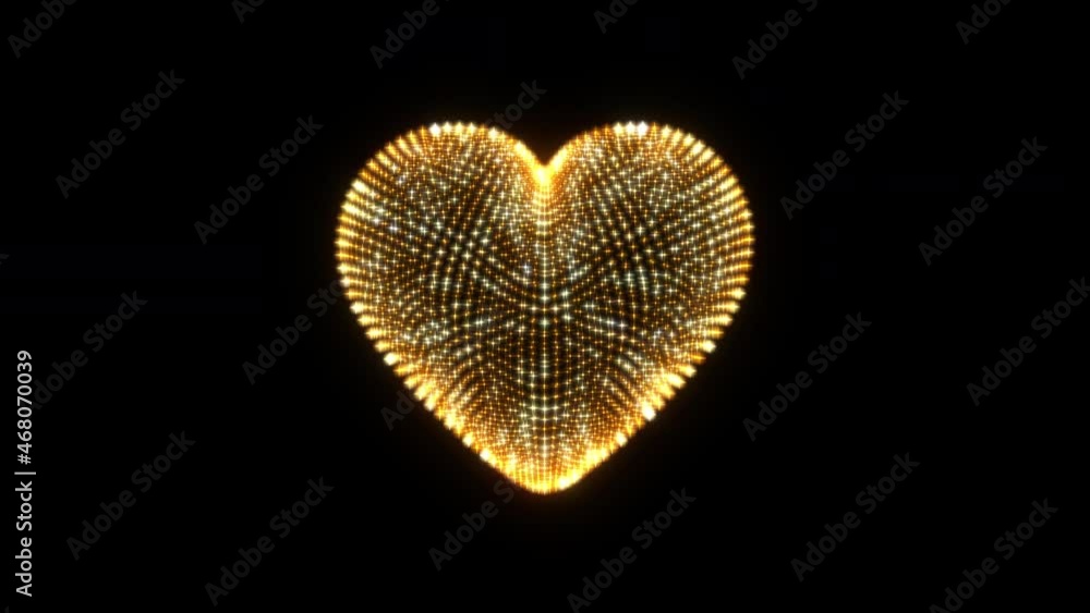 Poster abstract animation 3d heart of golden blinking glow wire mesh on black background. 4k 3d seamless lo
