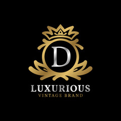 letter D with crown luxury crest for beauty care, salon, spa, fashion vector logo design