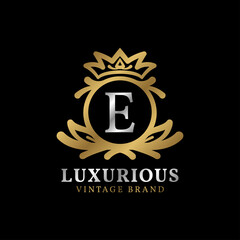 letter E with crown luxury crest for beauty care, salon, spa, fashion vector logo design