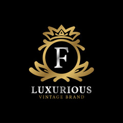 letter F with crown luxury crest for beauty care, salon, spa, fashion vector logo design