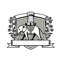 Retro woodcut coat of arms style illustration of an elephant wearing a saddle with a castle or single tower on top set inside crest shield with wattle flower on each side on isolated white background.