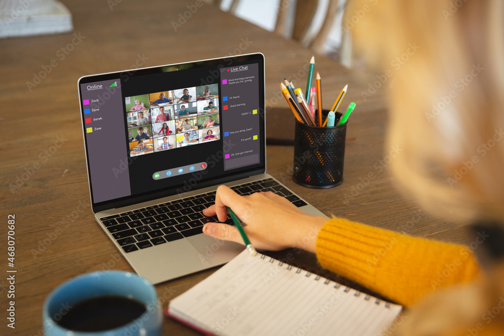 Poster Caucasian woman using laptop for video call, with smiling diverse elementary school pupils on screen