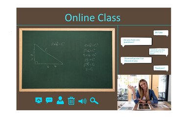 Video call interface with caucasian female teacher on screen