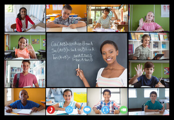 Video call interface with diverse female teacher and schoolchildren on screen