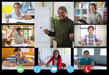Video call interface with diverse male teacher and schoolchildren on screen
