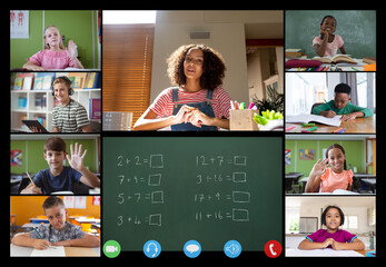 Video call interface with diverse female teacher and schoolchildren on screen