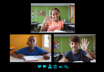 Video call interface with schoolchildren on screen
