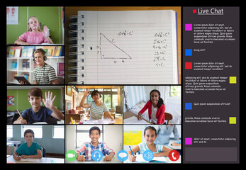 Video call interface with schoolchildren on screen