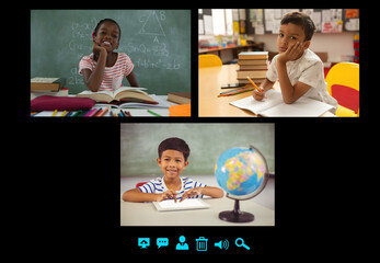 Video call interface with schoolchildren on screen