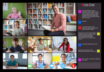 Video call interface with caucasian male teacher and schoolchildren on screen