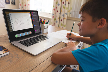Fototapeta na wymiar Caucasian boy using laptop for video call, with class on screen