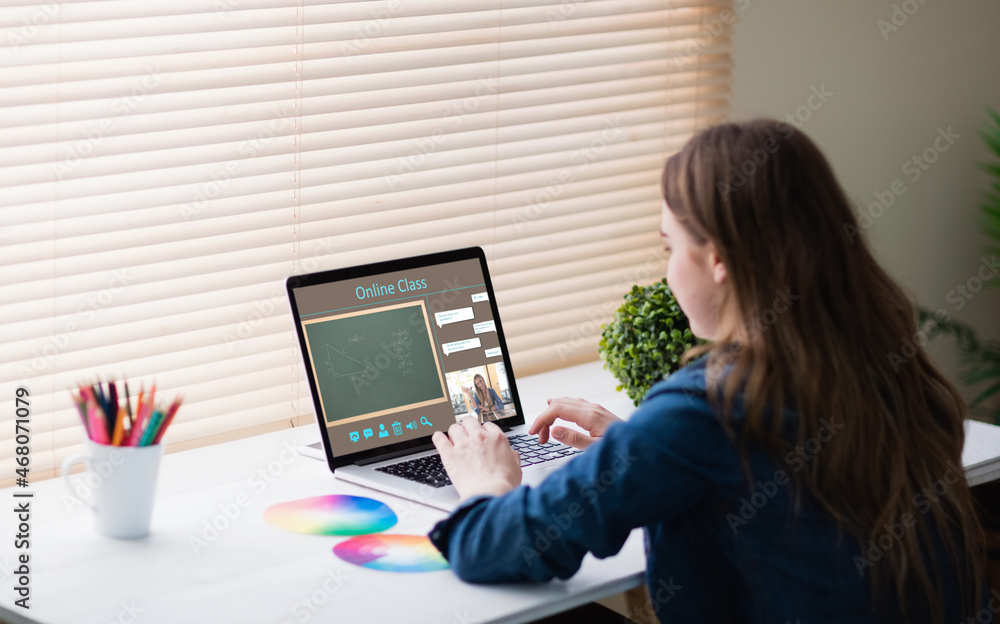 Poster caucasian girl using laptop for video call, with smiling female teacher on screen