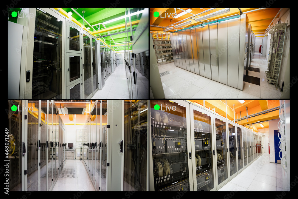 Poster composition of four security camera screens with live text and computer server rooms