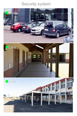 Composition of three security camera screens with live text digital interface, car park and offices