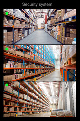 Composition of three security camera screens with live text and warehouse