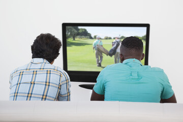 Rear view of two friends sitting at home together watching golf event on tv
