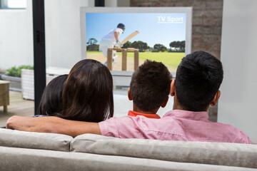 Rear view of family sitting at home together watching cricket match on tv