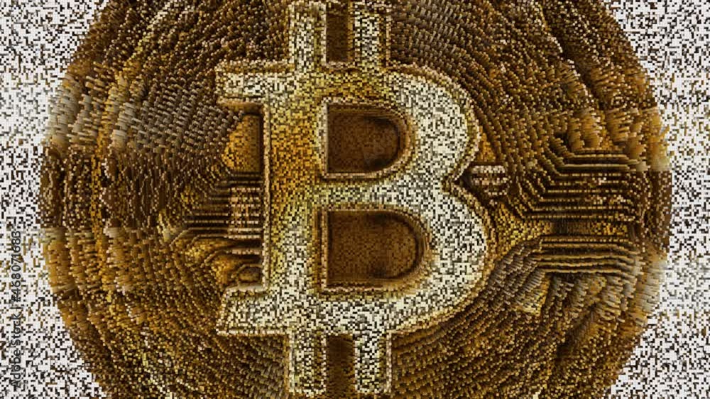 Poster pixel waves pulsing in 3d render ecurrency logo. digital investment sign with commercial web mining 