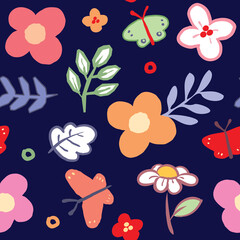 Seamless Pattern with Hand Drawn Flower, Leaf and Butterfly Design on Dark Blue Background