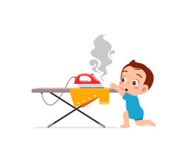 little baby curious to touch hot electric iron