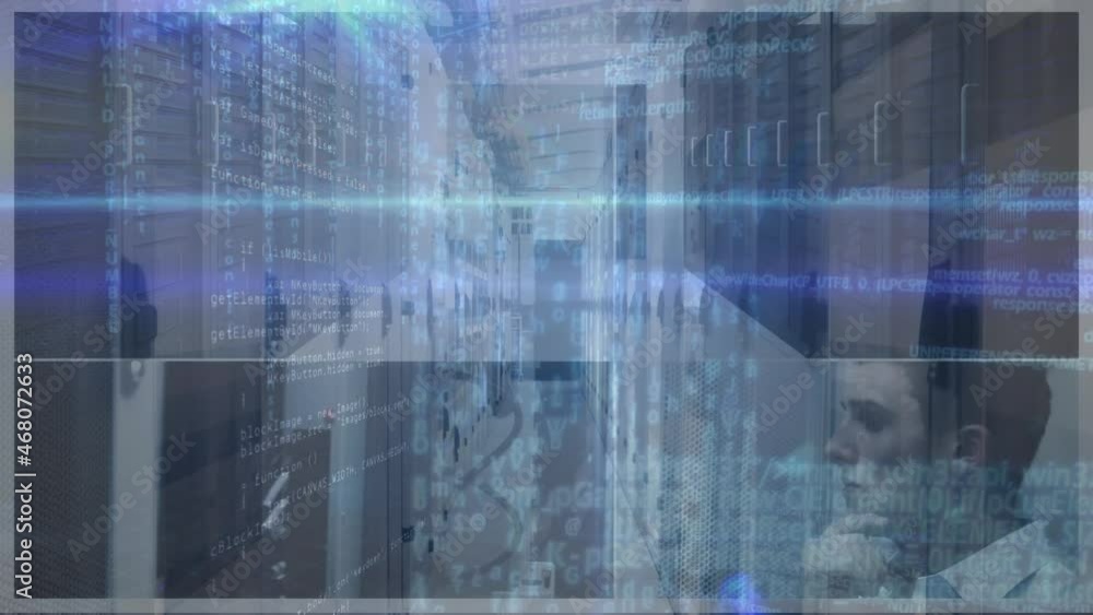 Aufkleber animation of binary coding and data processing over computer servers