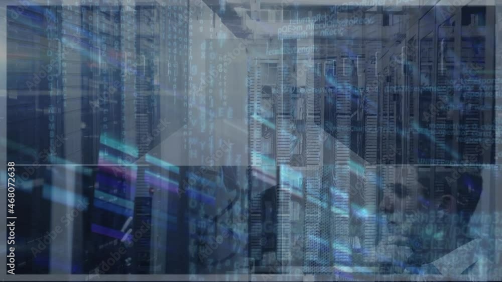 Aufkleber animation of binary coding and data processing over computer servers