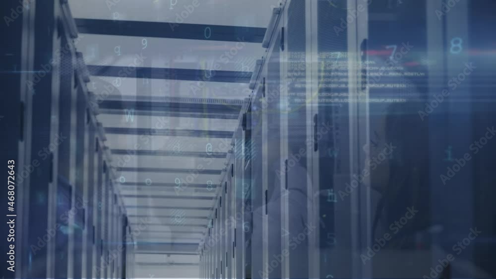 Poster animation of cyber attack warning and data processing over computer servers