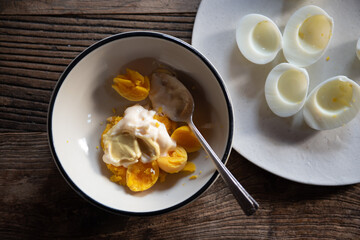 Deviled eggs in process