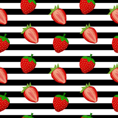 Cute strawberry cartoon seamless pattern vector on white and black Background design for kids, decorating, wallpaper, wrapping paper, fabric, backdrop