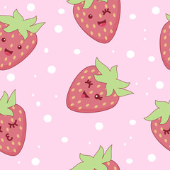 Cute strawberry cartoon seamless pattern vector on pink Background design for kids, decorating, wallpaper, wrapping paper, fabric, backdrop