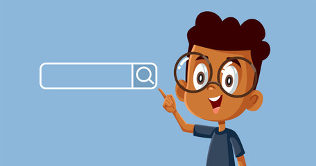 Little School Boy Pointing to Search Bar Vector Cartoon