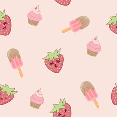 Cute strawberry cartoon seamless pattern vector with ice cream and cupcake on pink Background design for kids, decorating, wallpaper, wrapping paper, fabric, backdrop